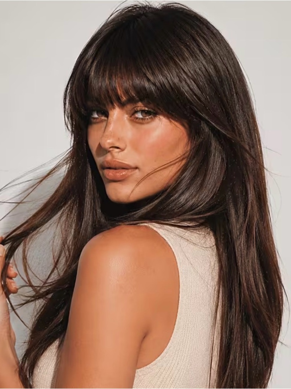 Classic Long Layered Wig with Blunt Bangs - Chocolate Brown